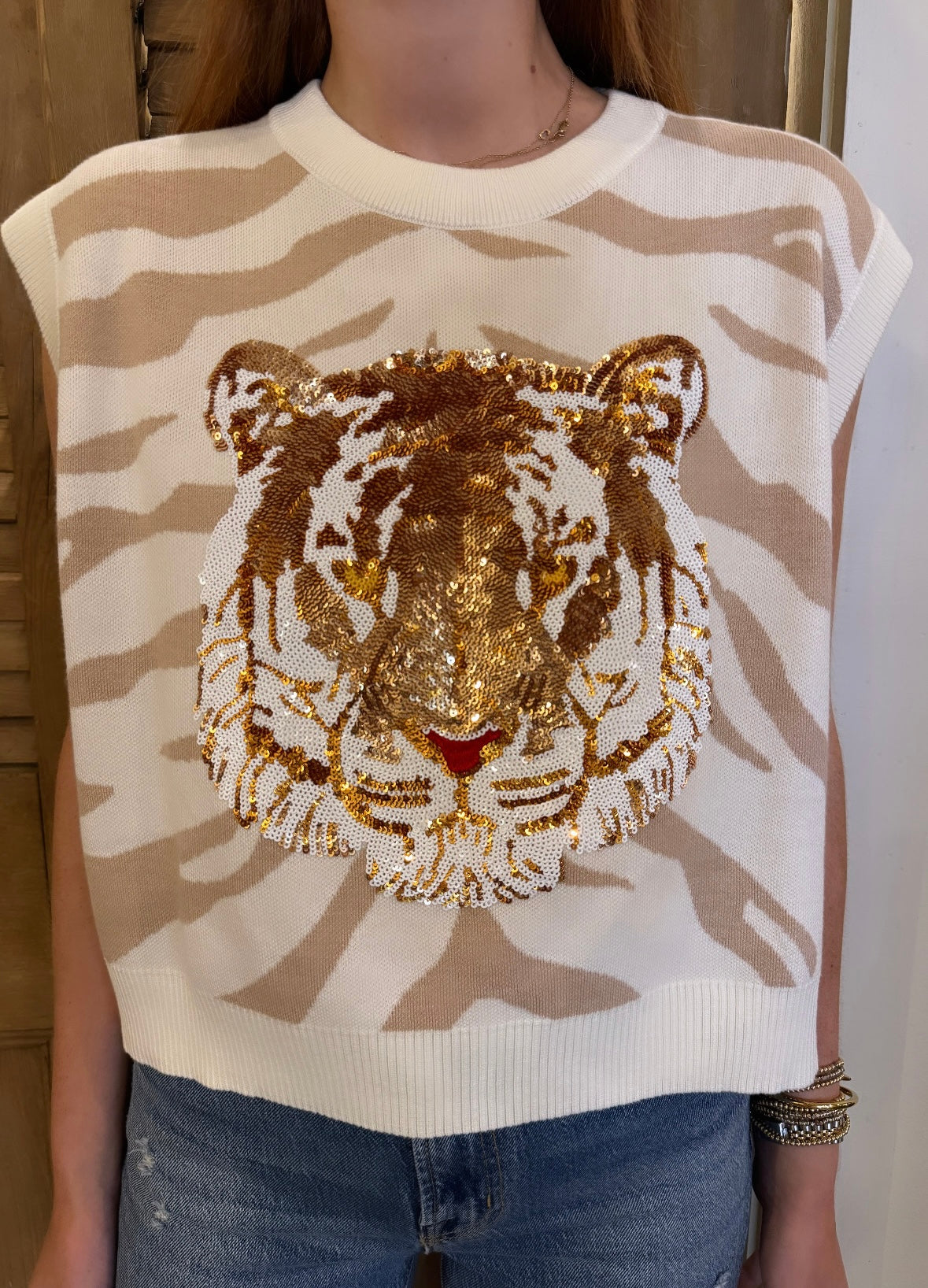 White & Tan Tiger Face Tiger Head Sweater Vest