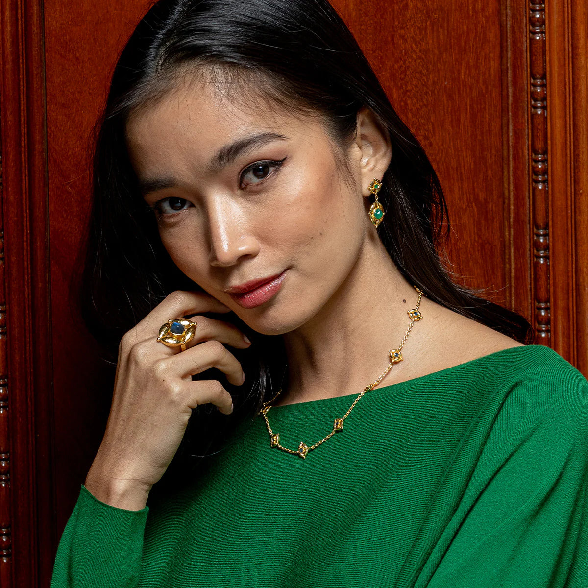 Mystic Eye Post Drop Earrings Green Onyx