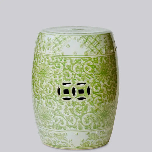 Hand Painted Lotus Green and White Porcelain Garden Seat