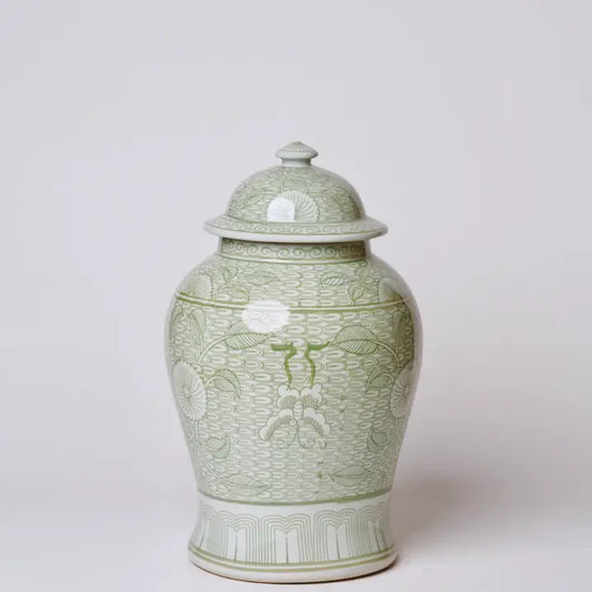 Deco Peony Green and White Porcelain Temple Jar