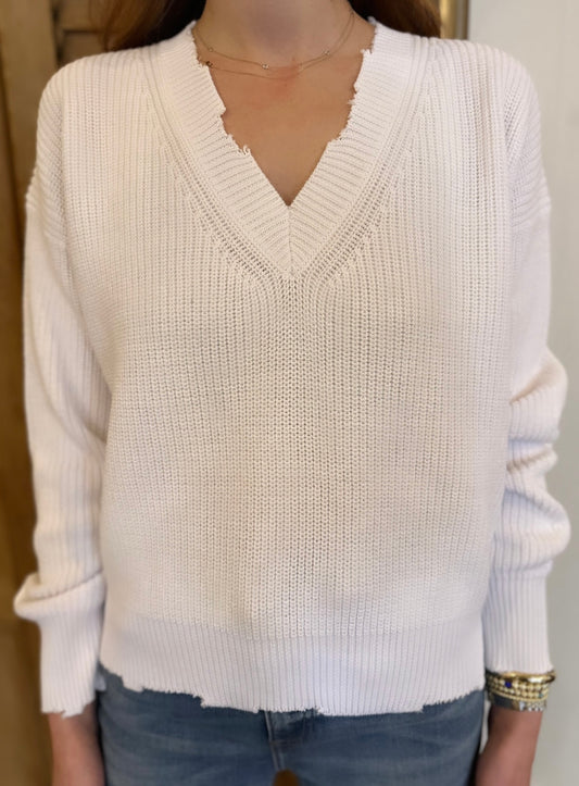 Distressed V-Neck Pullover White