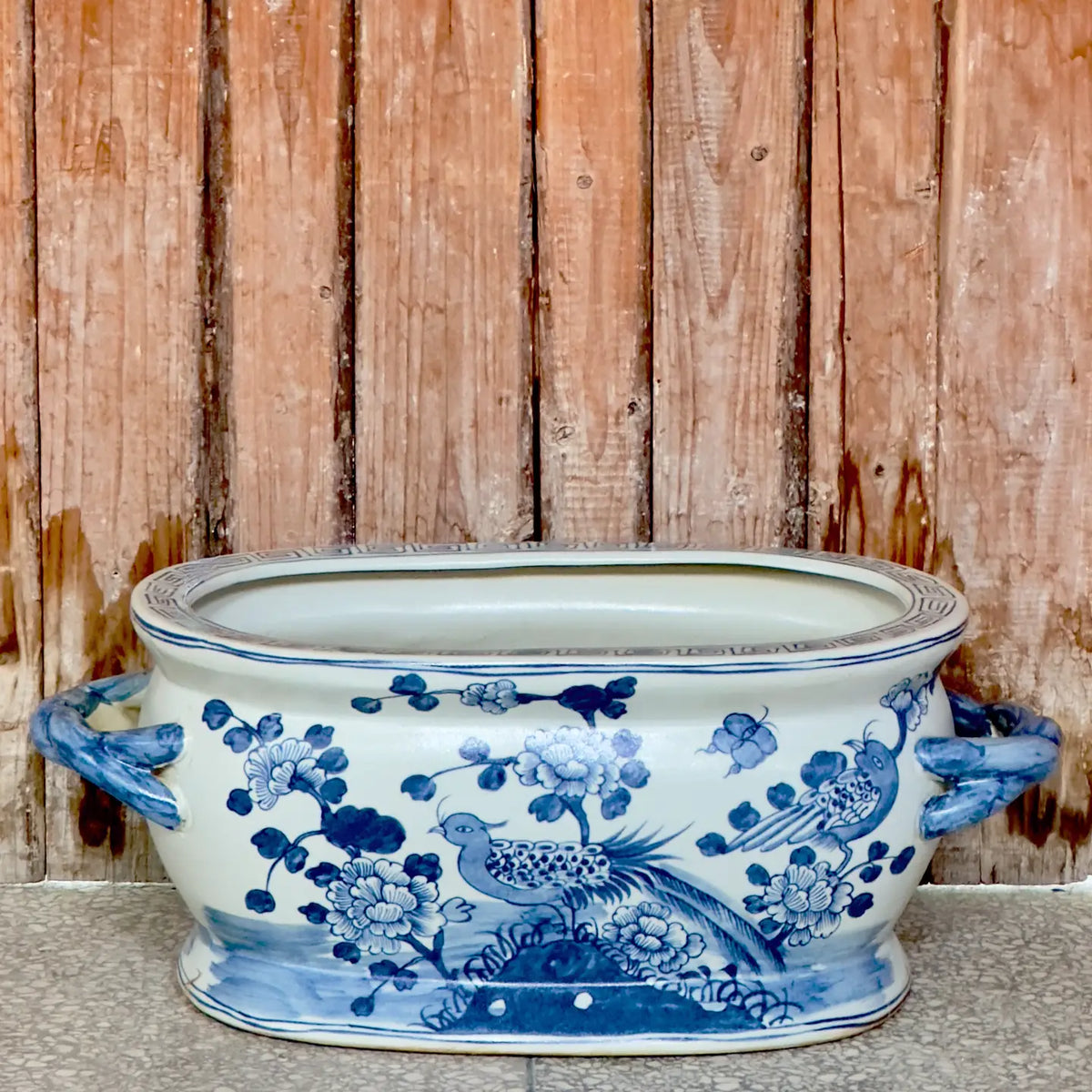 Blue and White Bird and Flower Porcelain Oval Compote
