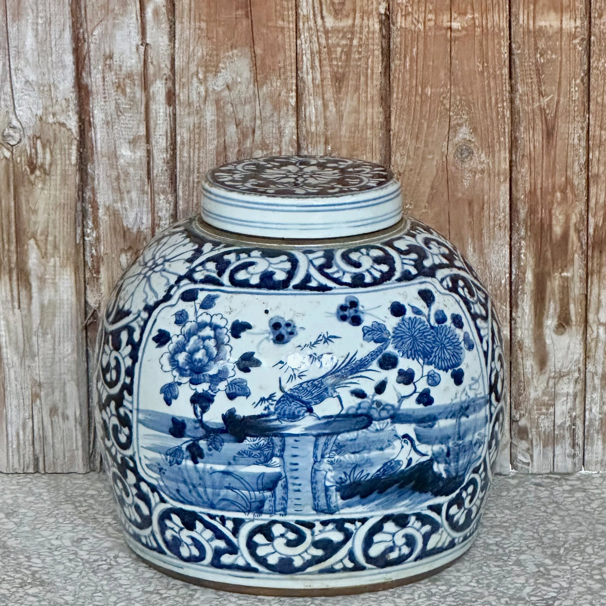 Blue and White Porcelain Pheasant Lidded Round Storage Jar