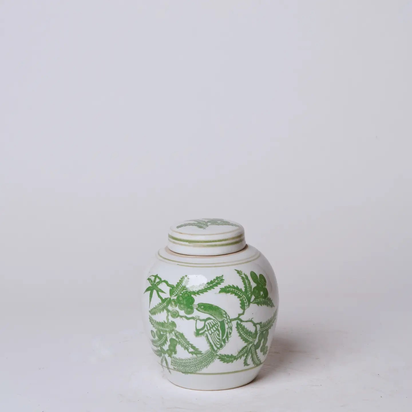 Green and White Porcelain Bird and Flower Round Jar