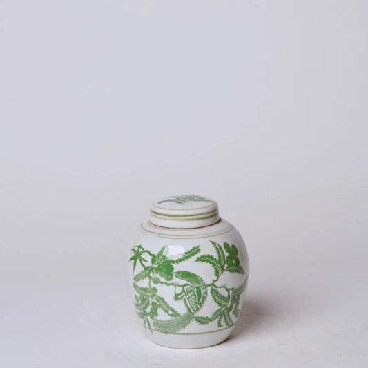 Green and White Porcelain Bird and Flower Round Jar