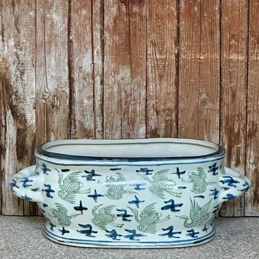 Large Blue and Green Crane and Cloud Porcelain Oval Compote