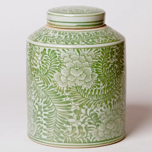 Country Peony Green and White Porcelain Canister