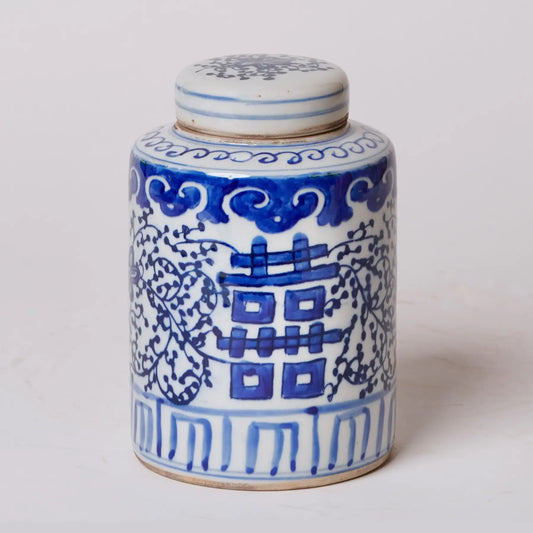 Blue and White Porcelain Double Happiness Cylinder Caddy