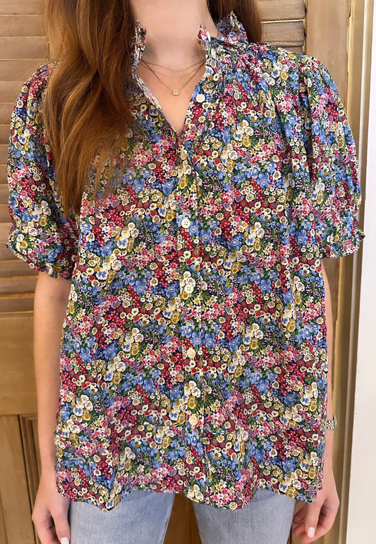 Short Sleeve Elastic Collar Top Mini Floral