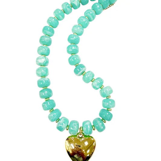 Lundie Chunky Beaded Necklace with Heart Charm Turquoise