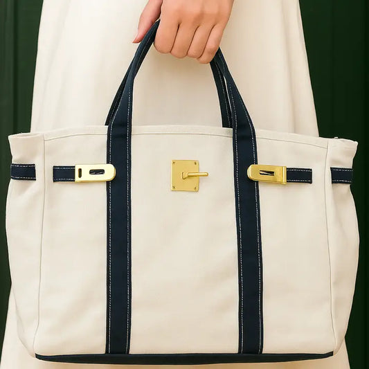 Canvas Tote Bag w/ Gold Buckle Hardware Navy Trim