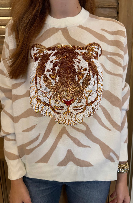 White & Tan Tiger Face Tiger Head Long Sleeve Sweater