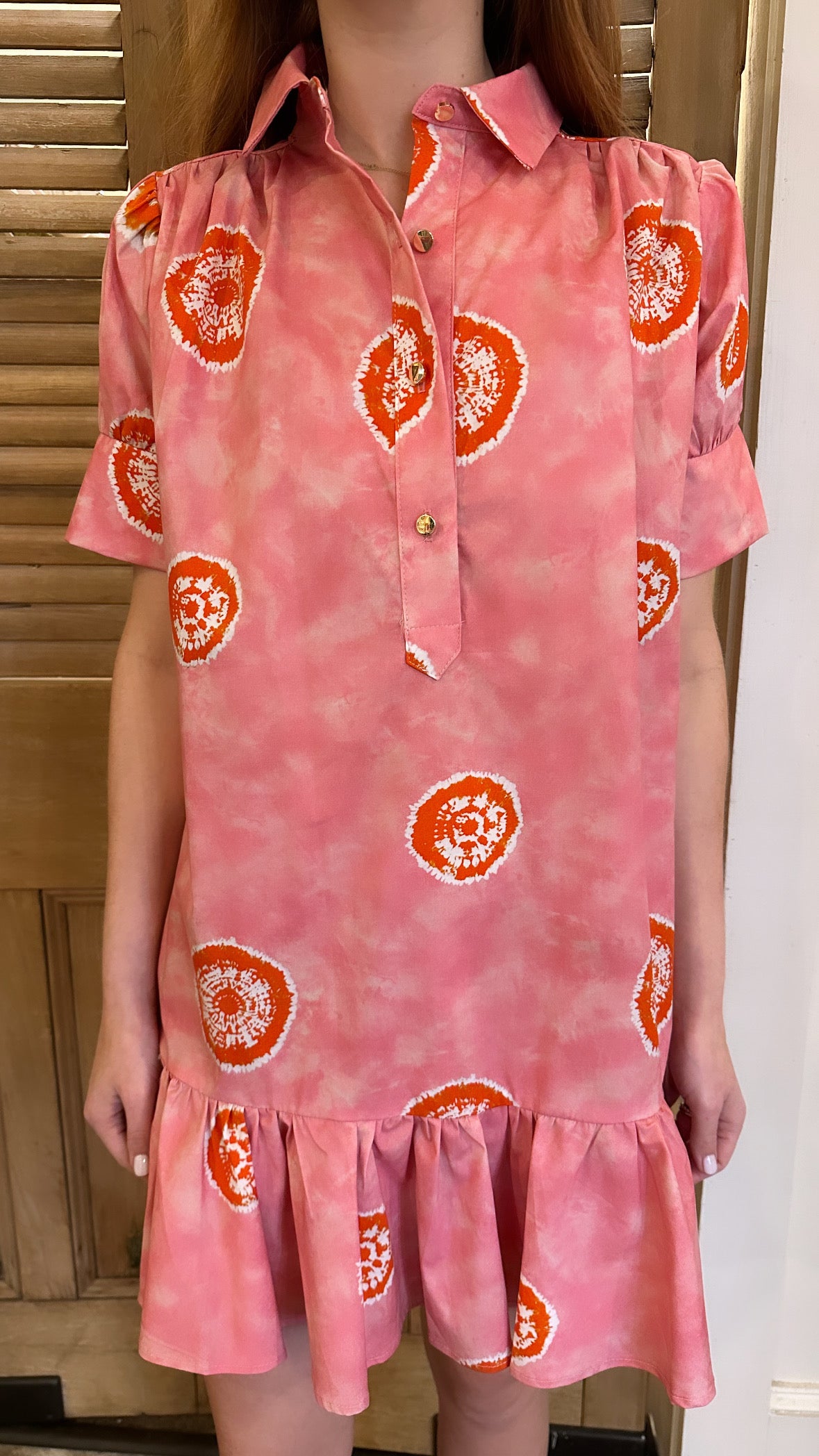 Everything Short Sleeve Dress w/ Ruffle Pink & Orange Tie Dye