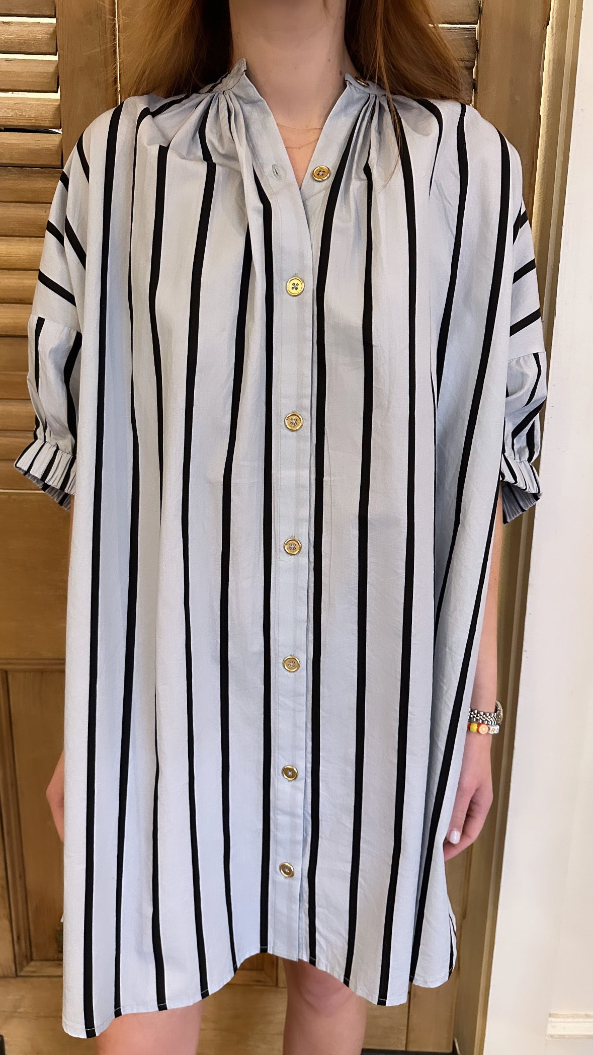 Elastic Sleeve Dress Blue Cabana Stripe