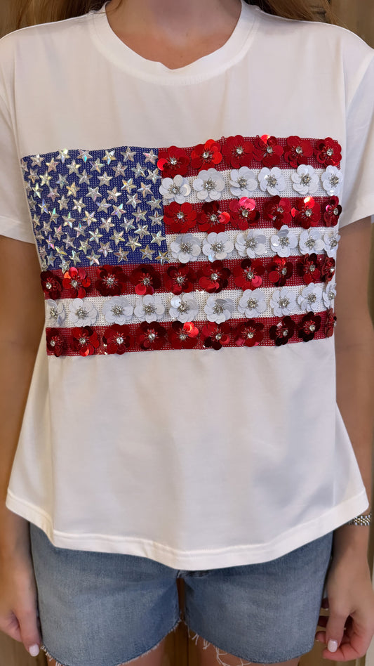 White Flower American Flag Tee