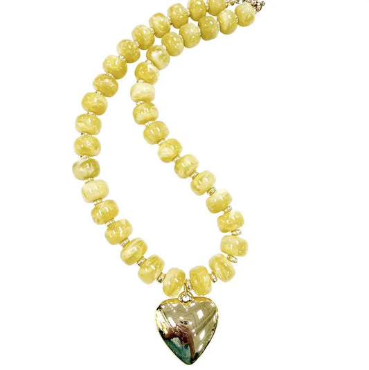 Lundie Chunky Beaded Necklace with Heart Charm Yellow