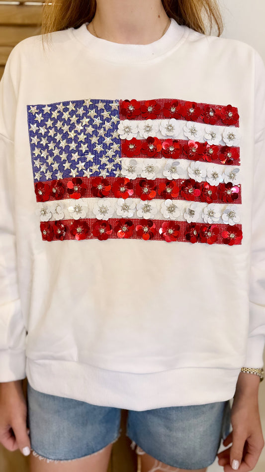 White Flower American Flag Sweatshirt