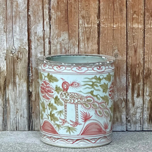 Rustic Peacock Pink and Green Porcelain Cachepot