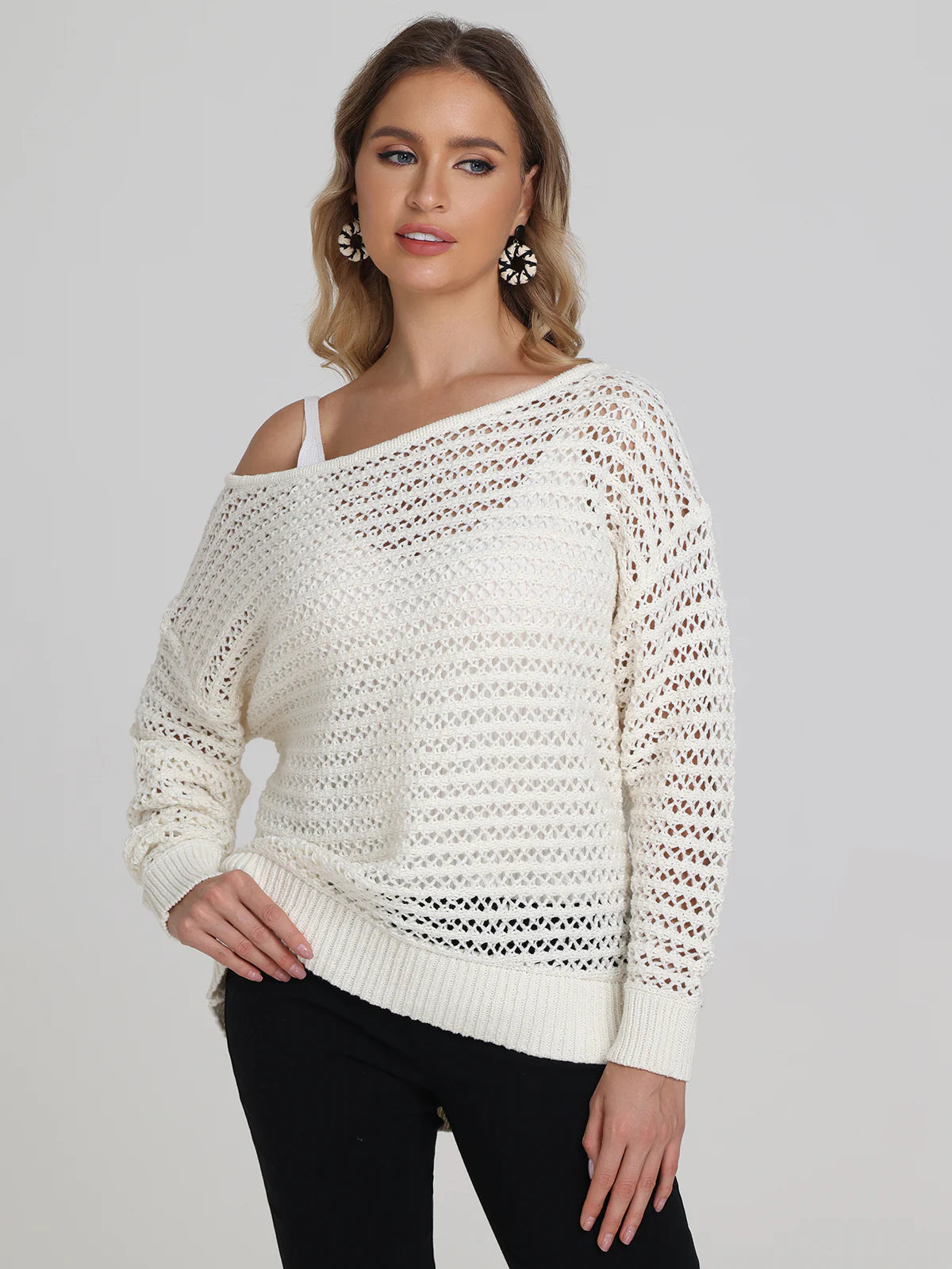 Cindy Wide Neck Open Stitch Pullover Chalk