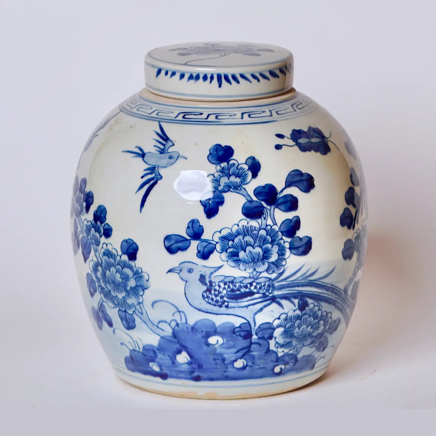 Blue & White Porcelain Bird and Flower Round Storage Jar
