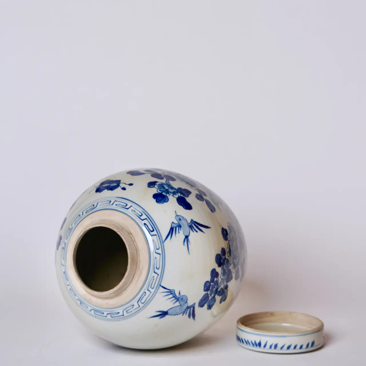 Blue & White Porcelain Bird and Flower Round Storage Jar