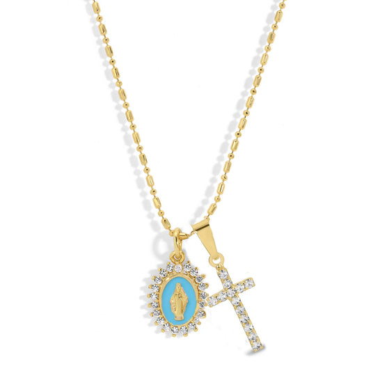 Virgin Maria Multi-Charm Necklace Aqua