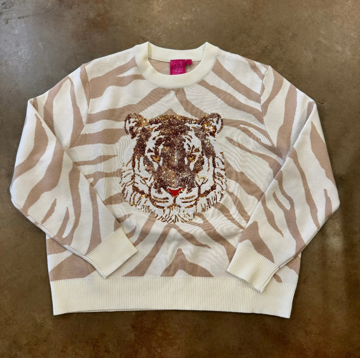 White & Tan Tiger Face Tiger Head Long Sleeve Sweater