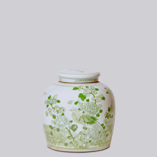 Bird & Flower Green & White Porcelain Jar