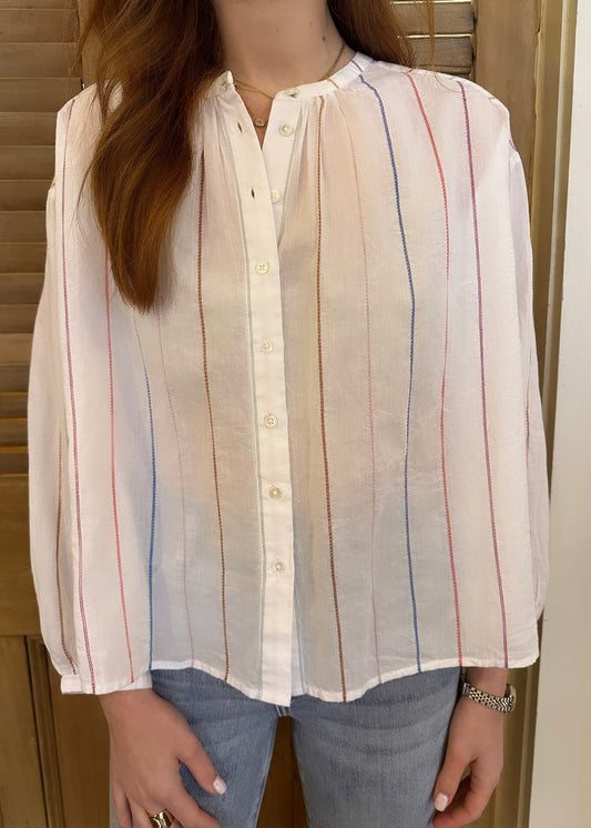 Bracelet Sleeve Shirred Blouse Multi Stripe