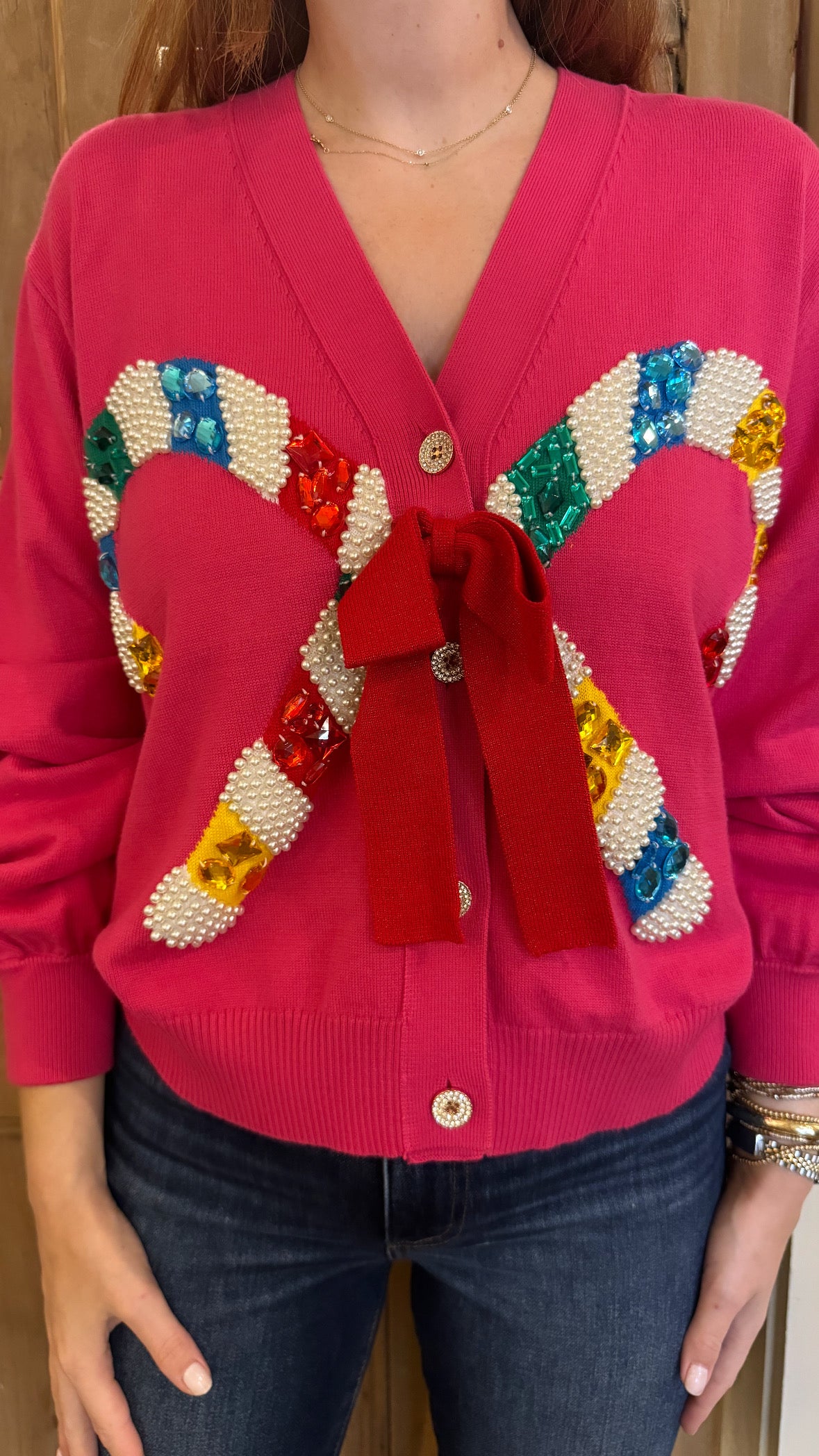 Pink Cardigan with Candy Cane & Bow