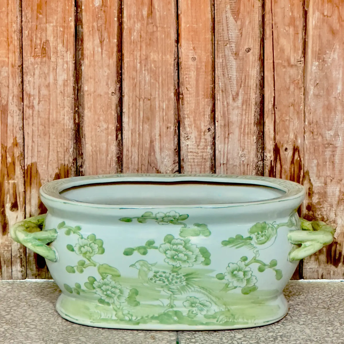 Green and White Bird and Flower Porcelain Oval Compote