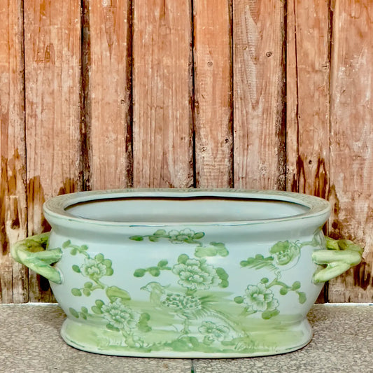 Green and White Bird and Flower Porcelain Oval Compote