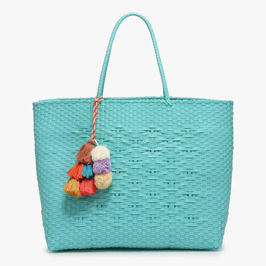 Allie XL Woven Tote w/ Pom-Poms Diamond Turquoise