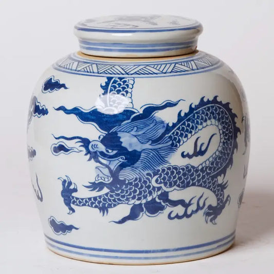 Dancing Dragons Blue and White Porcelain Round Jar