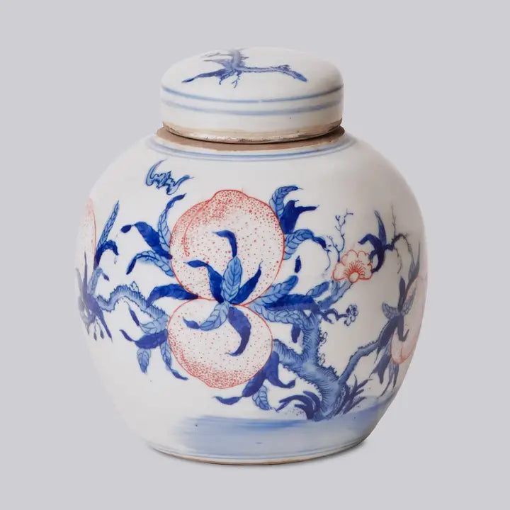 Red & Blue Porcelain Peach Round Storage Jar
