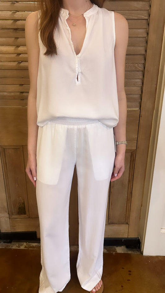 Smocked Waist Wide Leg Pant White