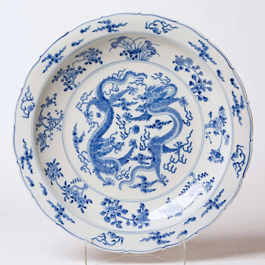 Blue and White Porcelain Double Dragon Platter