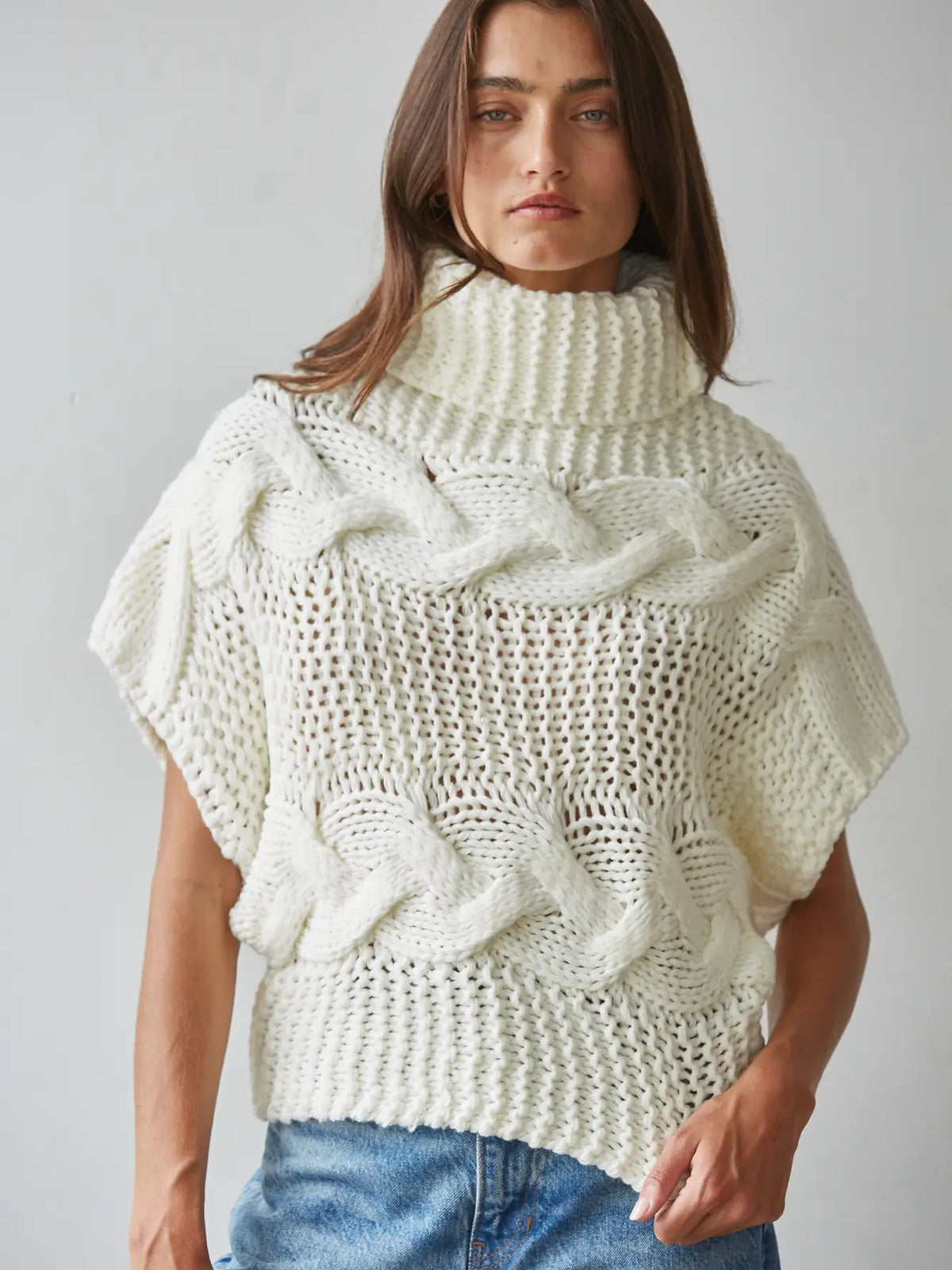 Knit Sweater Cable Knit Turtle Neck Sleeveless Top Ivory