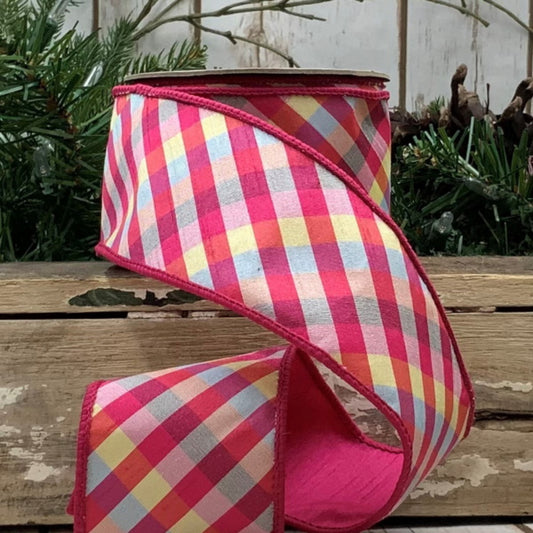 2.5" Dupion Diagonal Plaid Hot Pink