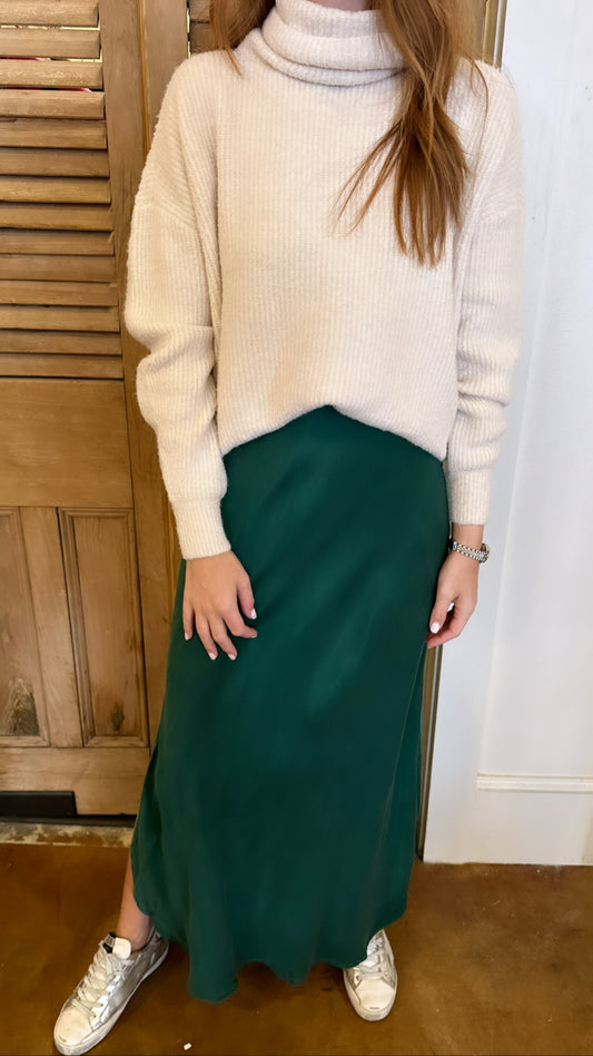 Asymmetric Slit Skirt Emerald Pine