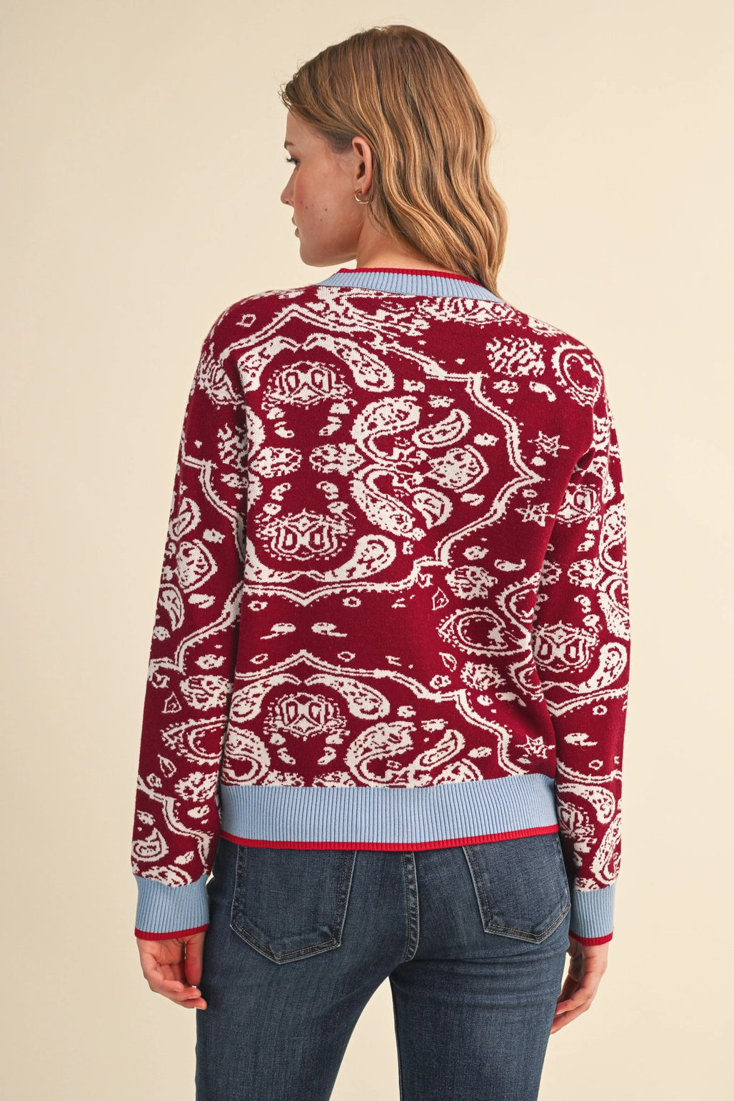 Paisley Knit Contrast Button Down Sweater Cardigan Burgundy Blue
