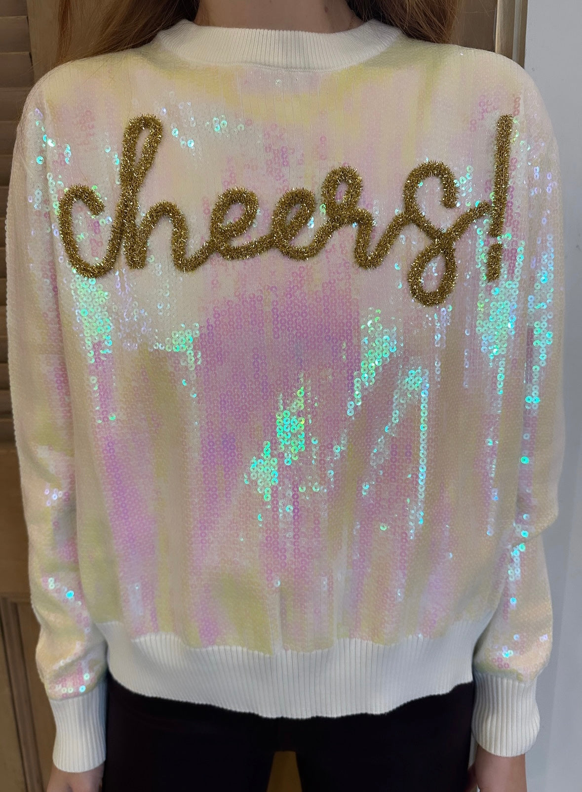 White Sequin Cheers Sweater