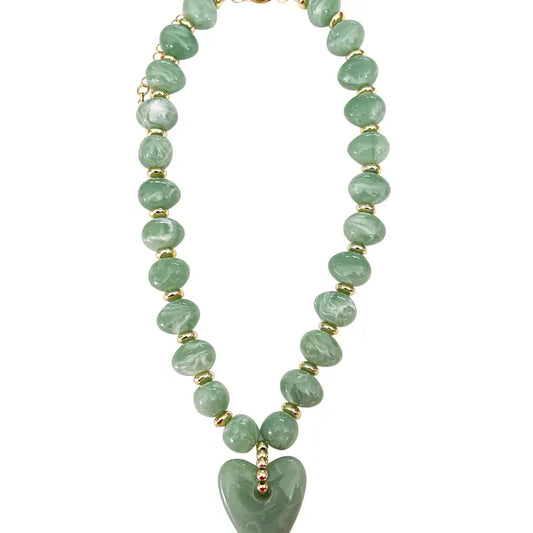 Athens Green Beaded Necklace with Heart Charm