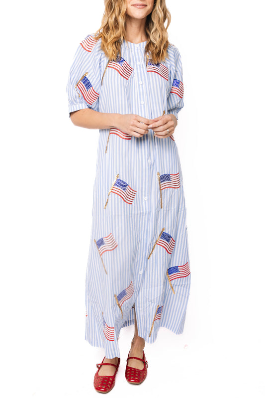 Light Blue & White Striped American Flag Cotton Button Up Midi Dress