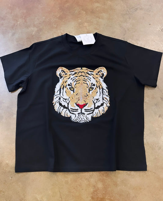 Black Sequin Tiger Head Tee