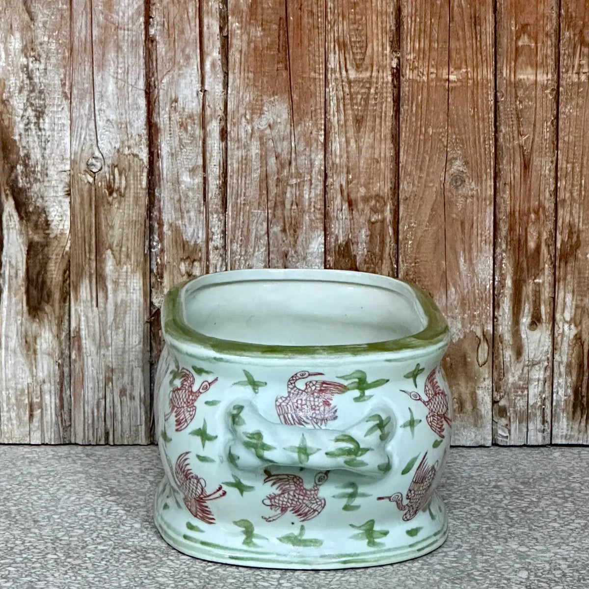 Large Pink and Green Crane and Cloud Porcelain Oval Compote