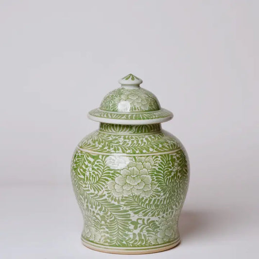 Medium Green and White Porcelain Country Peony Temple Jar