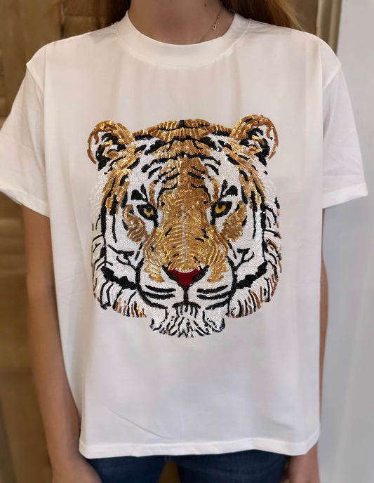 White Sequin Tiger Head Tee