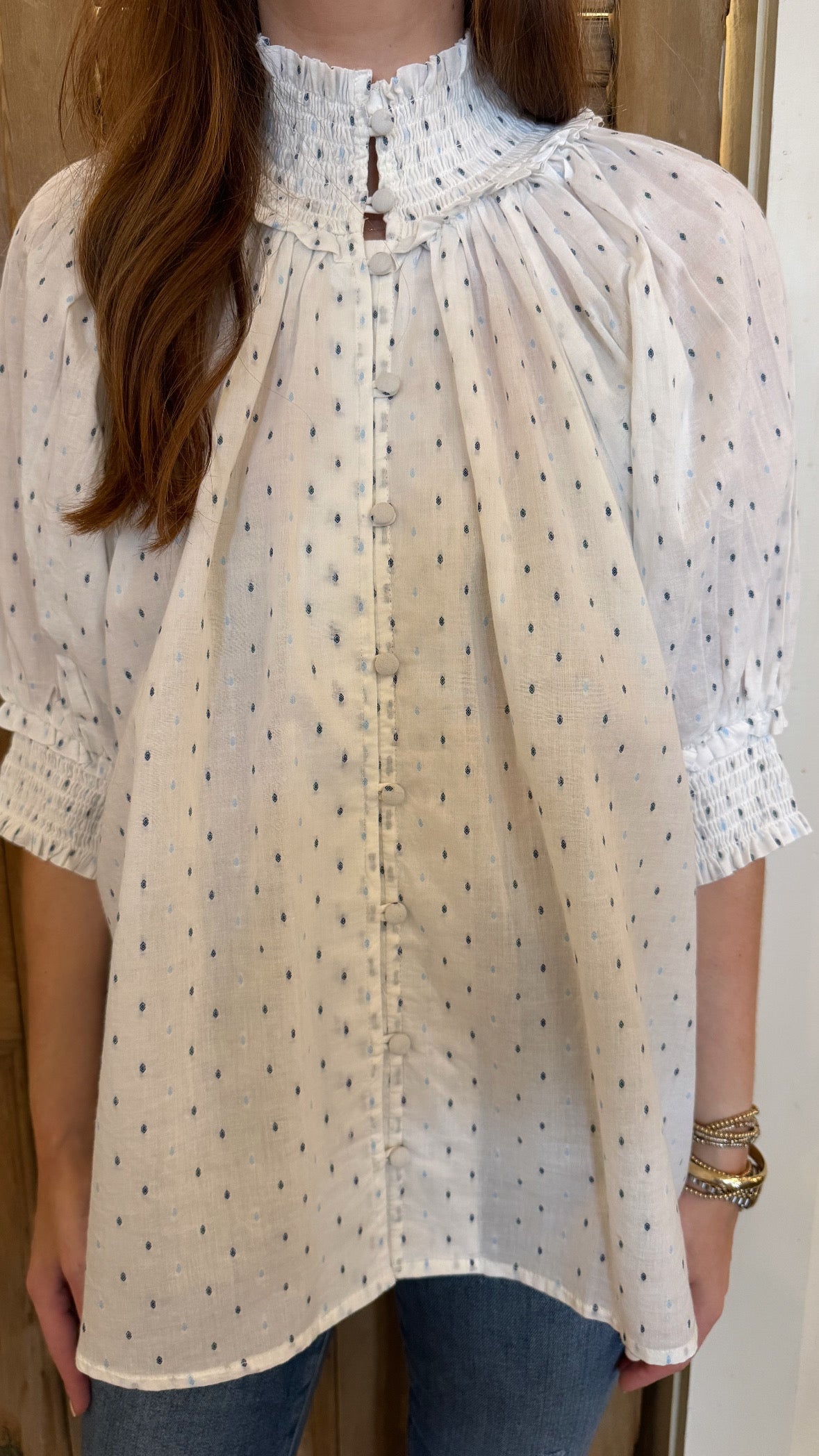 Gathered Button Down Top Swiss Dot