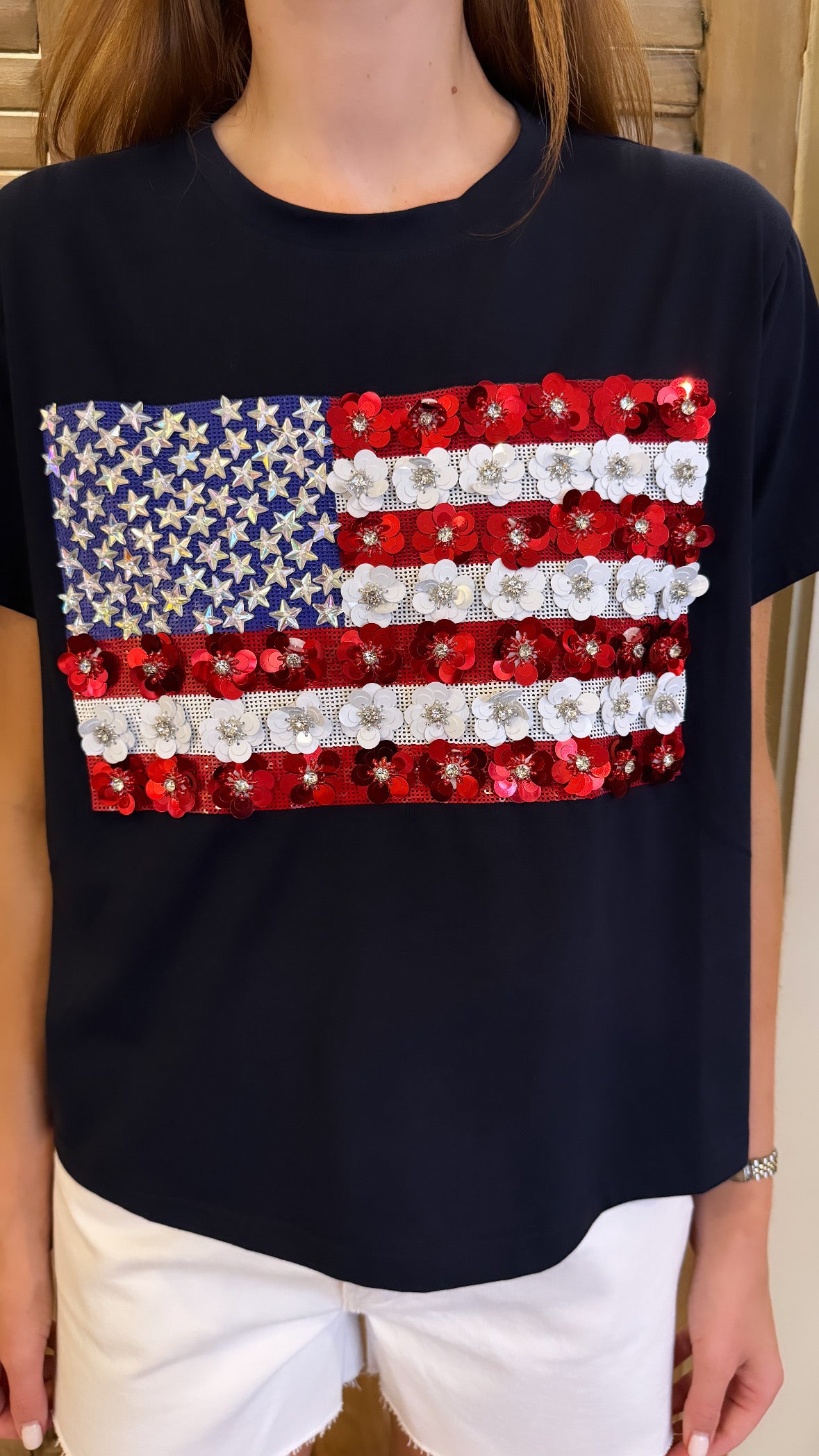 Navy Flower American Flag Tee